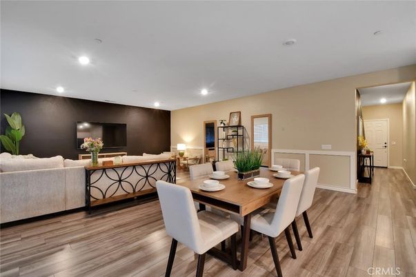 Dining room, Interior, Living room, Recessed Lighting, Wood Texture Flooring