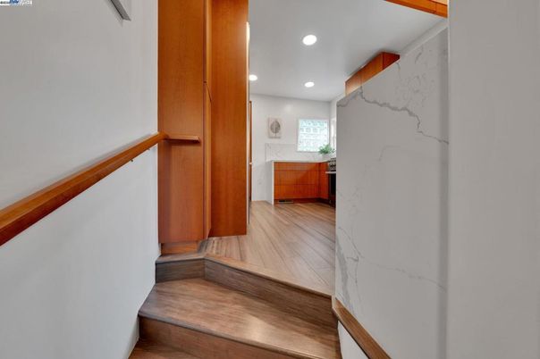 Interior, Marble Walls, Recessed Lighting, Wood Texture Flooring