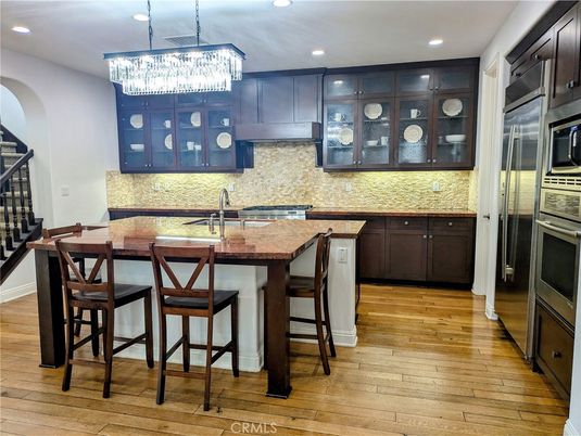 Chandelier, Interior, Kitchen, Recessed Lighting, Stainless Steel Appliances, Wood Texture Flooring