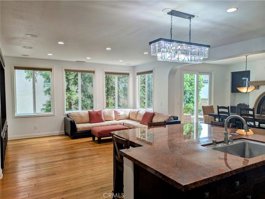 Chandelier, Interior, Kitchen, Living room, Pendant Lights, Recessed Lighting, Wood Texture Flooring