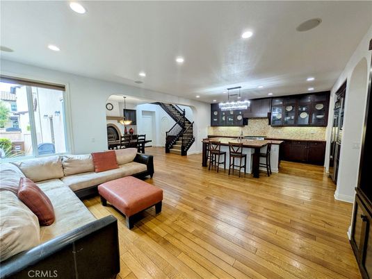 Chandelier, Dining room, Interior, Kitchen, Living room, Pendant Lights, Recessed Lighting, Wood Texture Flooring