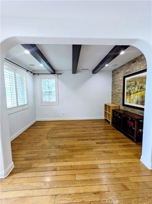 Empty room, Interior, Recessed Lighting, Stone Walls, Wooden Beams, Wood Texture Flooring