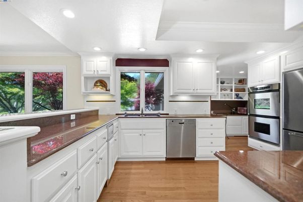 Interior, Kitchen, Recessed Lighting, Stainless Steel Appliances, Wood Texture Flooring