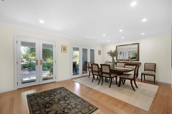 Dining room, Interior, Recessed Lighting, Wood Texture Flooring