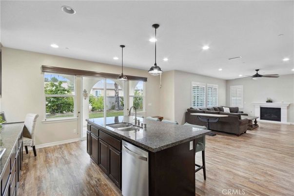 Fireplace, Interior, Kitchen, Living room, Pendant Lights, Recessed Lighting, Wood Texture Flooring