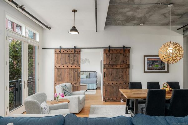Dining room, Interior, Living room, Pendant Lights, Wood Texture Flooring