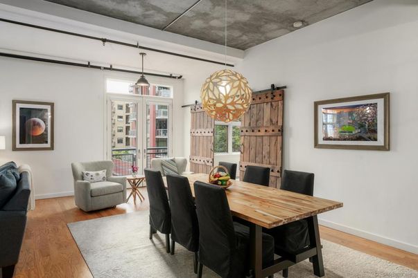 Dining room, Interior, Pendant Lights, Wood Texture Flooring