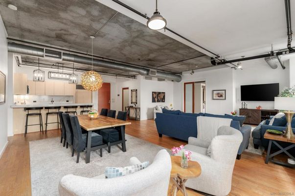 Dining room, Interior, Kitchen, Living room, Pendant Lights, Wood Texture Flooring