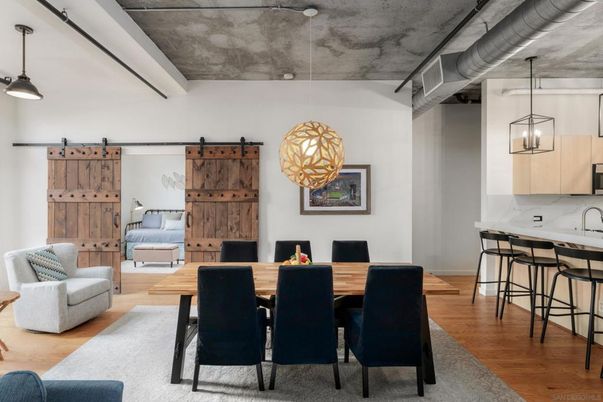 Dining room, Interior, Pendant Lights, Wood Texture Flooring