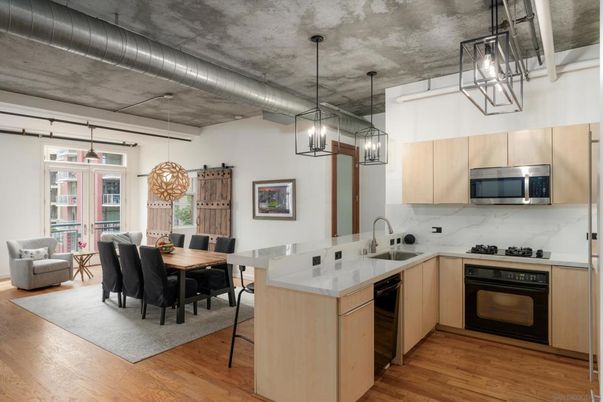 Dining room, Interior, Kitchen, Pendant Lights, Stainless Steel Appliances, Wood Texture Flooring