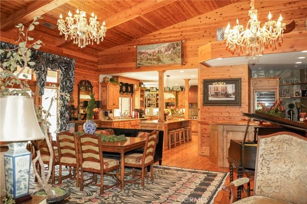 Chandelier, Dining room, Interior, Kitchen, Recessed Lighting, Wooden Beams, Wooden Ceilings, Wood Texture Flooring, Wooden Walls