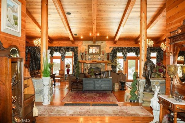 Chandelier, Fireplace, Interior, Recessed Lighting, Wooden Beams, Wooden Ceilings, Wood Texture Flooring