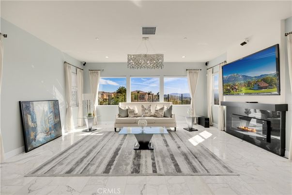 Chandelier, Fireplace, Interior, Living room, Marble, Pendant Lights, Recessed Lighting