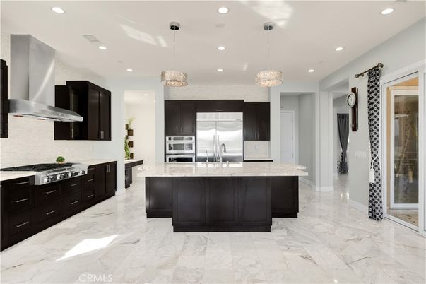 Interior, Kitchen, Marble, Pendant Lights, Recessed Lighting, Stainless Steel Appliances
