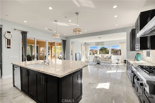 Interior, Kitchen, Living room, Marble, Pendant Lights, Recessed Lighting, Stainless Steel Appliances, Water