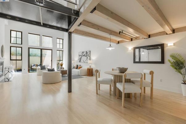 Dining room, Interior, Living room, Pendant Lights, Wooden Beams, Wood Texture Flooring