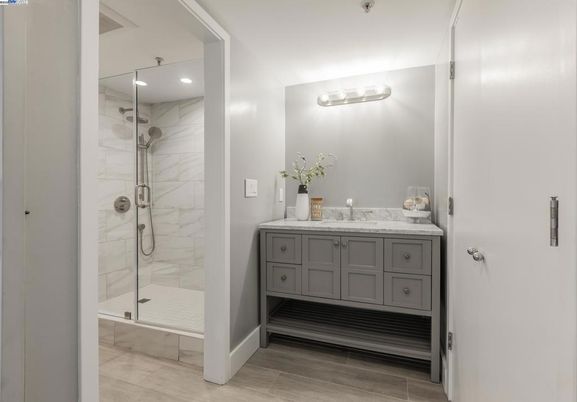 Bathroom, Glass Shower, Interior, Marble Walls, Recessed Lighting