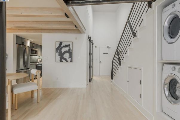 Interior, Kitchen, Stainless Steel Appliances, Utility Closets, Washer, Wooden Beams, Wood Texture Flooring