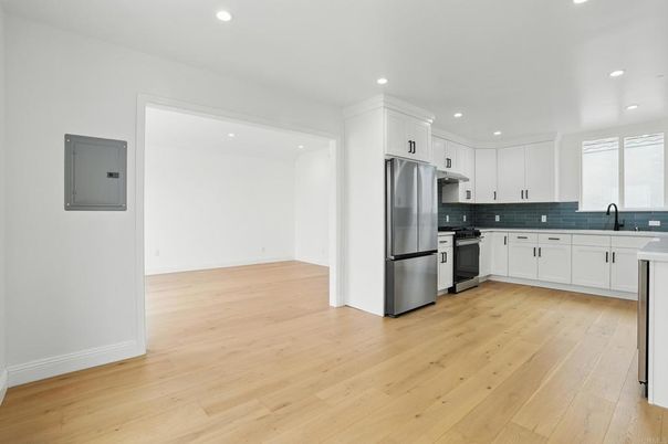 Interior, Kitchen, Recessed Lighting, Stainless Steel Appliances, Wood Texture Flooring