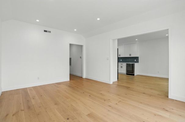 Empty room, Interior, Kitchen, Recessed Lighting, Wood Texture Flooring