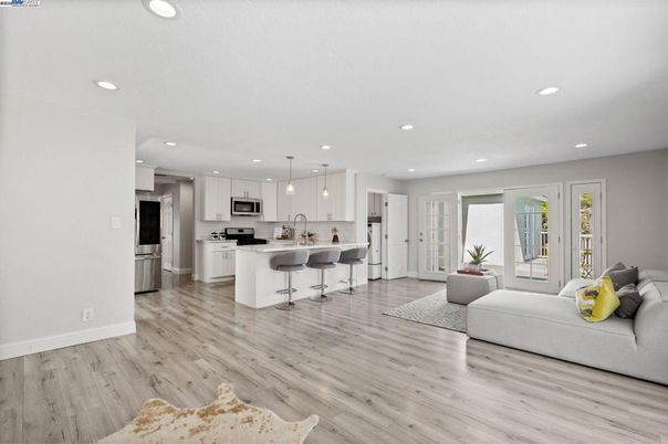 Interior, Kitchen, Living room, Pendant Lights, Recessed Lighting, Stainless Steel Appliances, Wood Texture Flooring