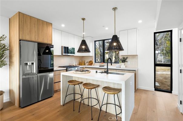 Interior, Kitchen, Pendant Lights, Recessed Lighting, Stainless Steel Appliances, Wood Texture Flooring