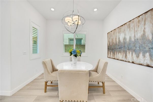 Dining room, Interior, Pendant Lights, Recessed Lighting, Wood Texture Flooring
