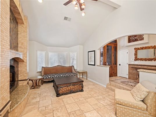 Fireplace, Interior, Living room, Recessed Lighting, Stone Walls