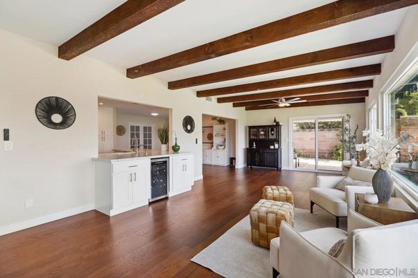 Interior, Kitchen, Living room, Recessed Lighting, Wooden Beams, Wood Texture Flooring