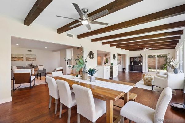 Dining room, Interior, Living room, Recessed Lighting, Wooden Beams, Wood Texture Flooring