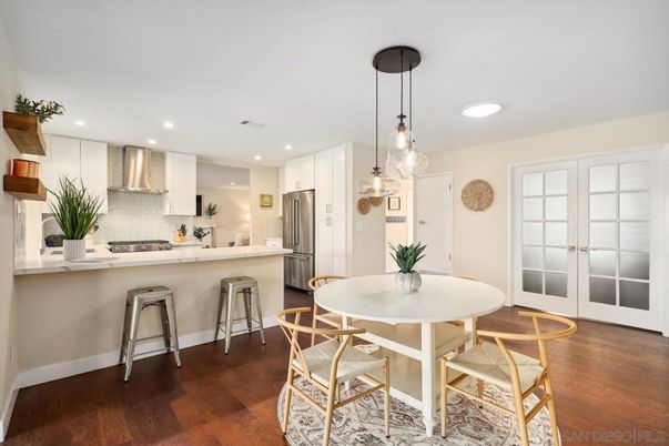 Dining room, Interior, Kitchen, Pendant Lights, Recessed Lighting, Stainless Steel Appliances, Wood Texture Flooring