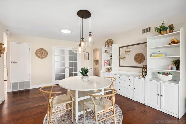 Dining room, Interior, Pendant Lights, Recessed Lighting, Wood Texture Flooring