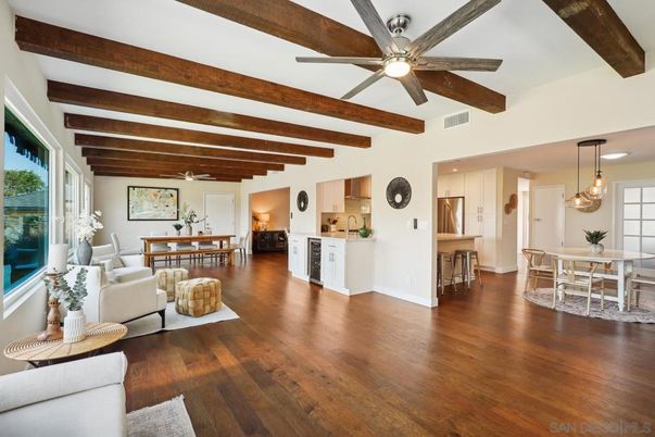 Dining room, Interior, Kitchen, Living room, Pendant Lights, Wooden Beams, Wood Texture Flooring