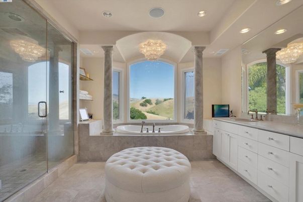 Bathroom, Chandelier, Glass Shower, Interior, Recessed Lighting