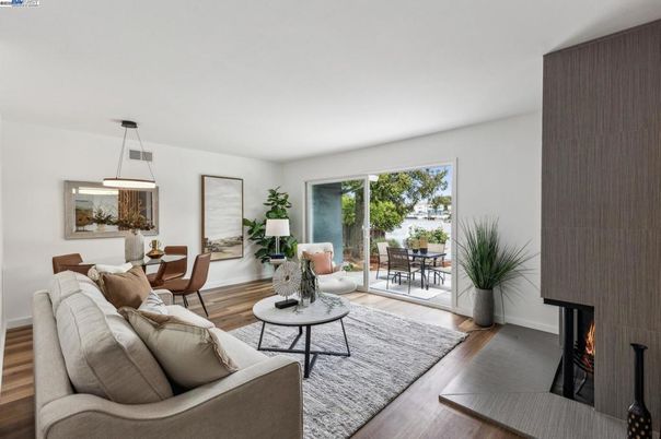 Dining room, Fireplace, Interior, Living room, Pendant Lights, Wood Texture Flooring