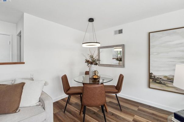 Dining room, Interior, Pendant Lights, Wood Texture Flooring
