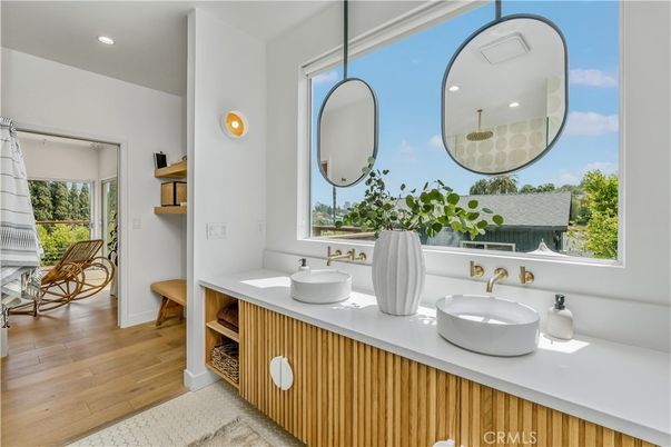 Bathroom, Dual Sink Vanities, Interior, Recessed Lighting, Wood Texture Flooring