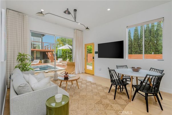 Dining room, Interior, Living room, Recessed Lighting, Wood Texture Flooring