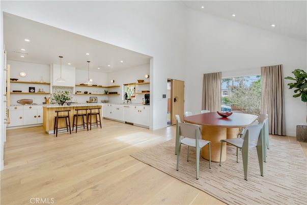 Dining room, Interior, Kitchen, Pendant Lights, Recessed Lighting, Wood Texture Flooring
