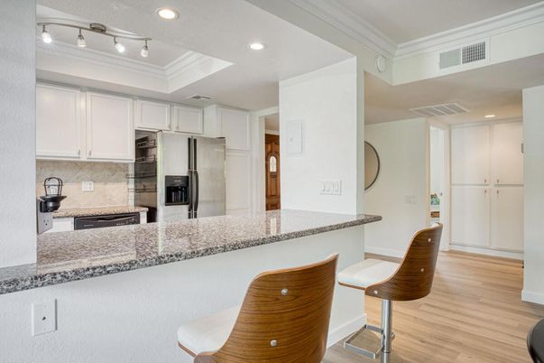 Interior, Kitchen, Recessed Lighting, Stainless Steel Appliances, Wood Texture Flooring