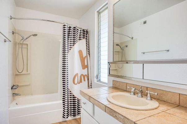 Bathroom, Interior, Tile Countertops, Wood Texture Flooring