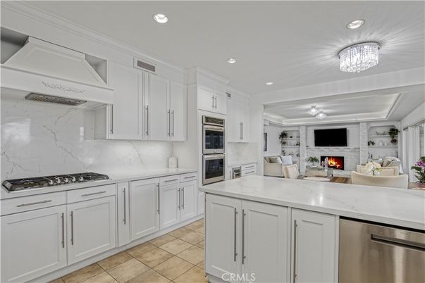 Fireplace, Interior, Kitchen, Recessed Lighting, Stainless Steel Appliances