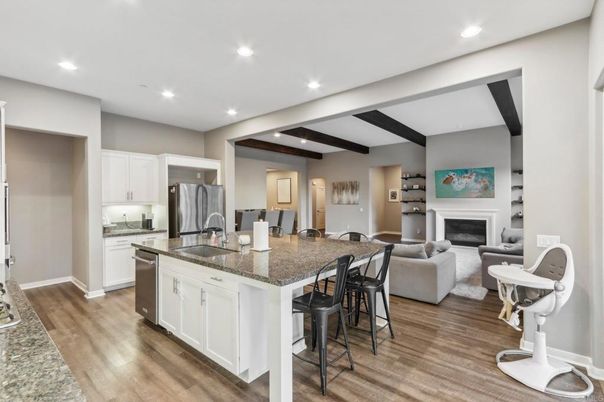 Fireplace, Interior, Kitchen, Living room, Recessed Lighting, Stainless Steel Appliances, Wooden Beams, Wood Texture Flooring
