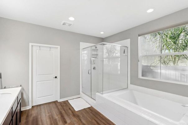 Bathroom, Glass Shower, Interior, Recessed Lighting, Wood Texture Flooring