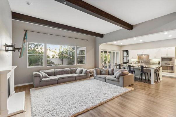 Fireplace, Interior, Kitchen, Living room, Recessed Lighting, Stainless Steel Appliances, Wooden Beams, Wood Texture Flooring