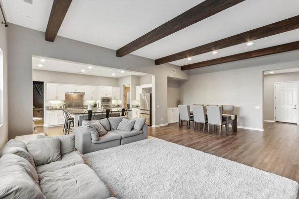 Dining room, Interior, Kitchen, Living room, Recessed Lighting, Stainless Steel Appliances, Wooden Beams, Wood Texture Flooring