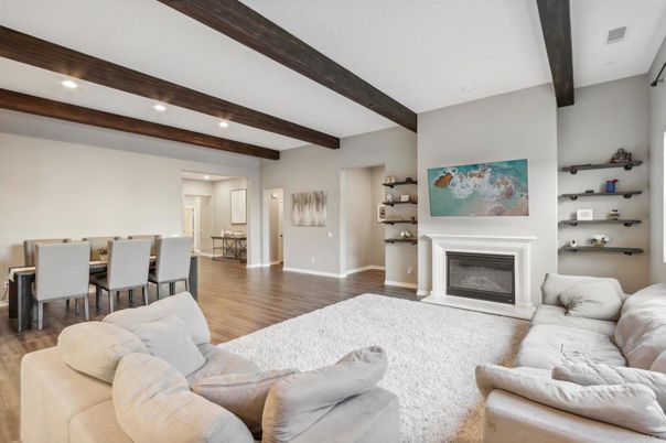 Dining room, Fireplace, Interior, Living room, Recessed Lighting, Wooden Beams, Wood Texture Flooring