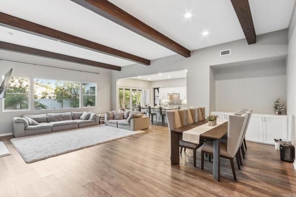 Dining room, Interior, Living room, Recessed Lighting, Wooden Beams, Wood Texture Flooring
