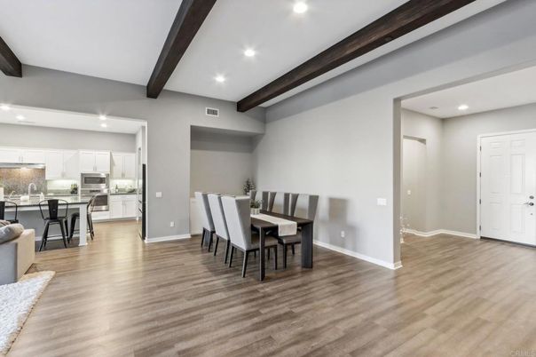 Dining room, Interior, Kitchen, Recessed Lighting, Stainless Steel Appliances, Wooden Beams, Wood Texture Flooring