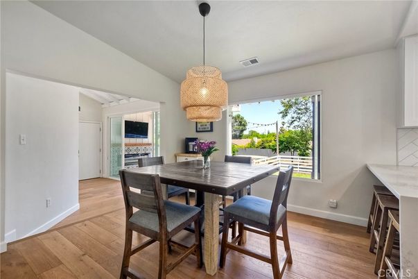 Dining room, Interior, Pendant Lights, Wood Texture Flooring